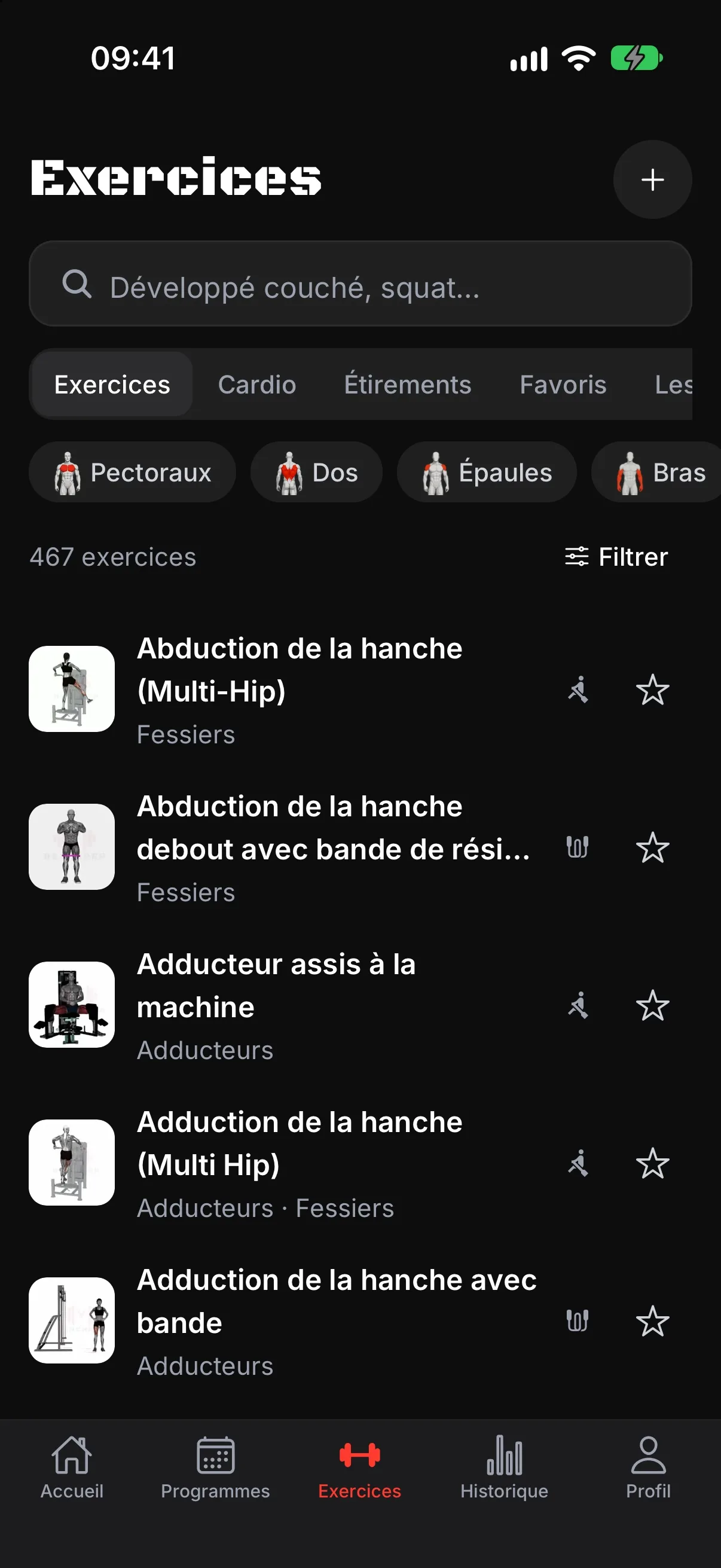 Le catalogue d'exercices, filtrable par zone du corps