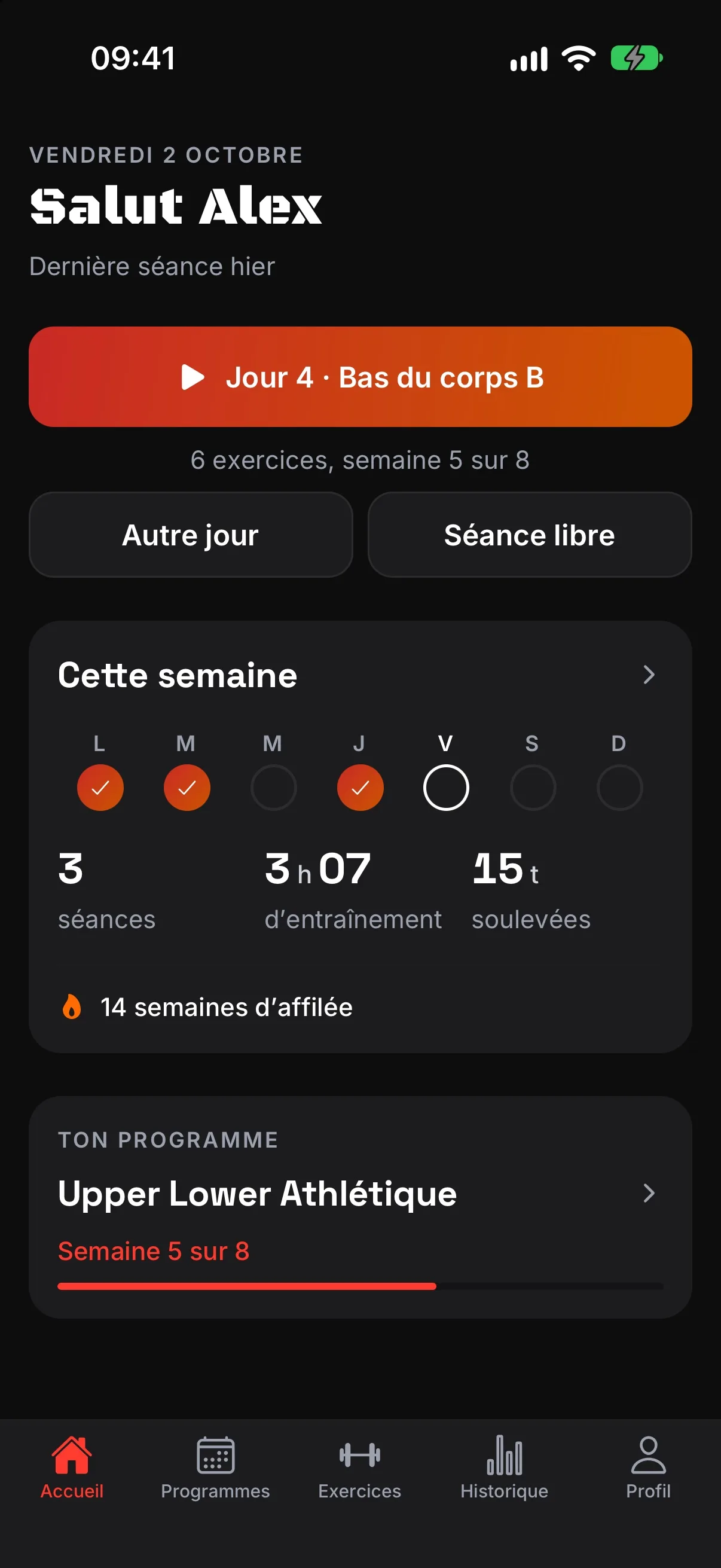 L'accueil de BenchRep : la prochaine séance du programme et le résumé de la semaine