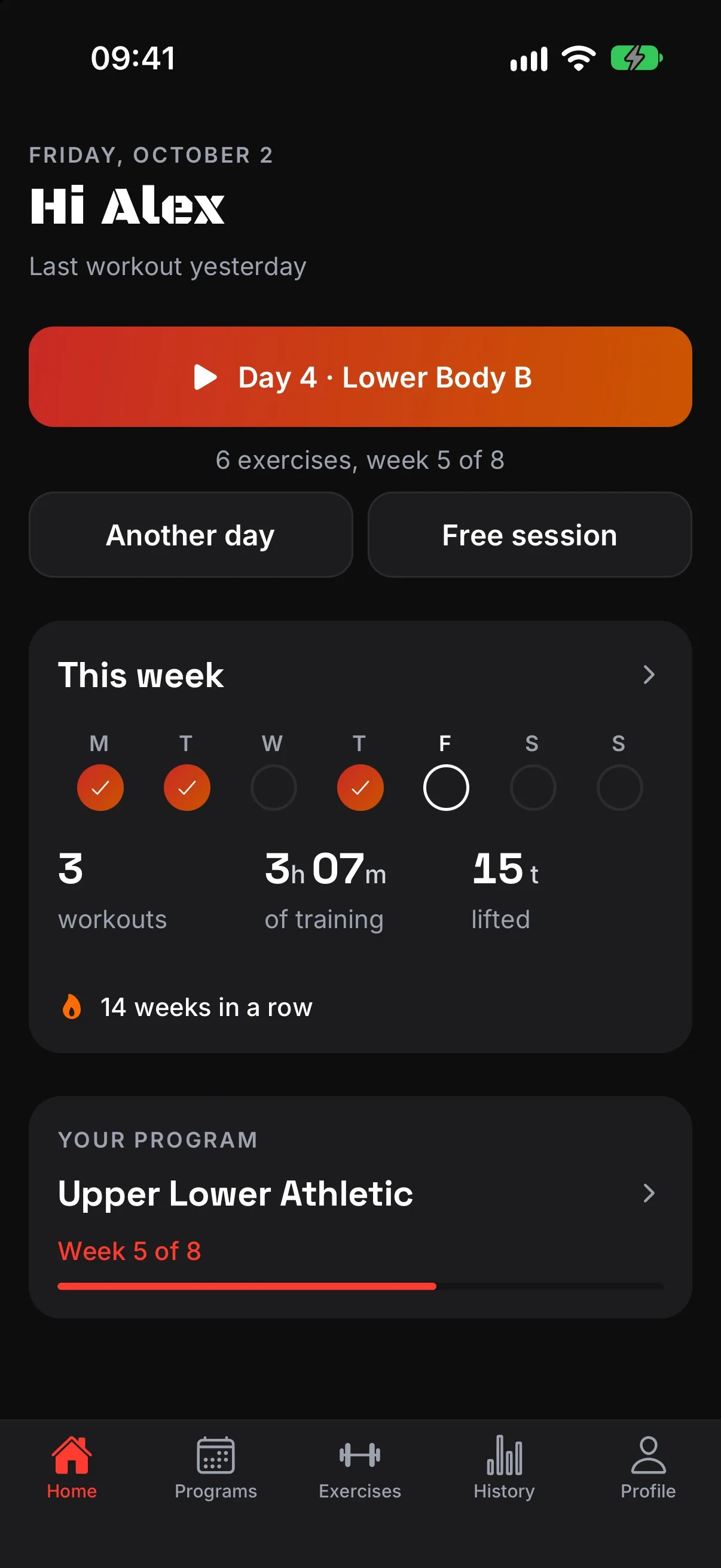 The BenchRep home screen: the next workout in your program and a summary of the week