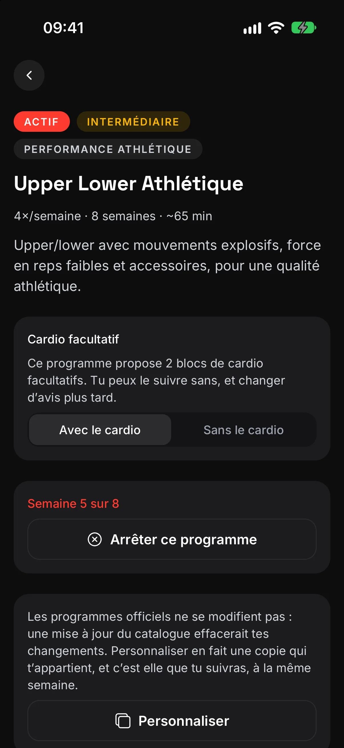 La fiche d'un programme : niveau, nombre de séances par semaine et semaine en cours
