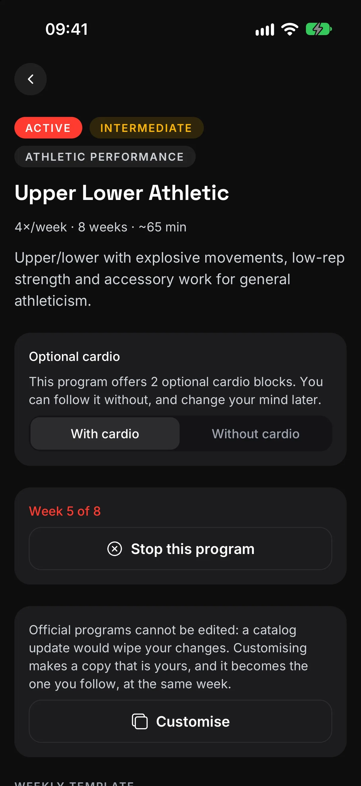 A program page: level, workouts per week and current week
